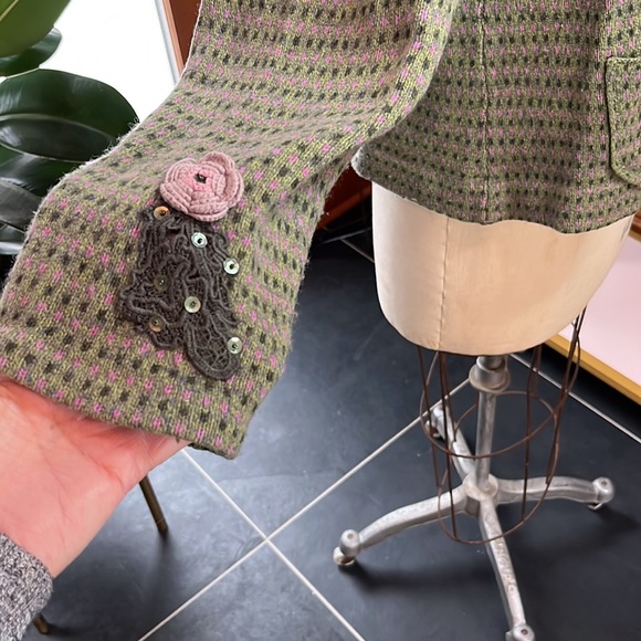 Lambs wool, silk and cashmere in this jacket style sweater with whimsy. - Picture 2 of 8